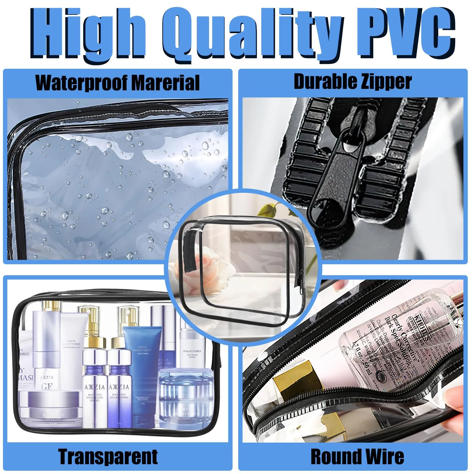 12 Pcs Clear Cosmetic Bag PVC Waterproof Zippered Clear Toiletry Carry Pouch Cosmetic Makeup Bag for Women Men Vinyl Plastic Organizer Case for Vacation Bathroom (Large, Black)