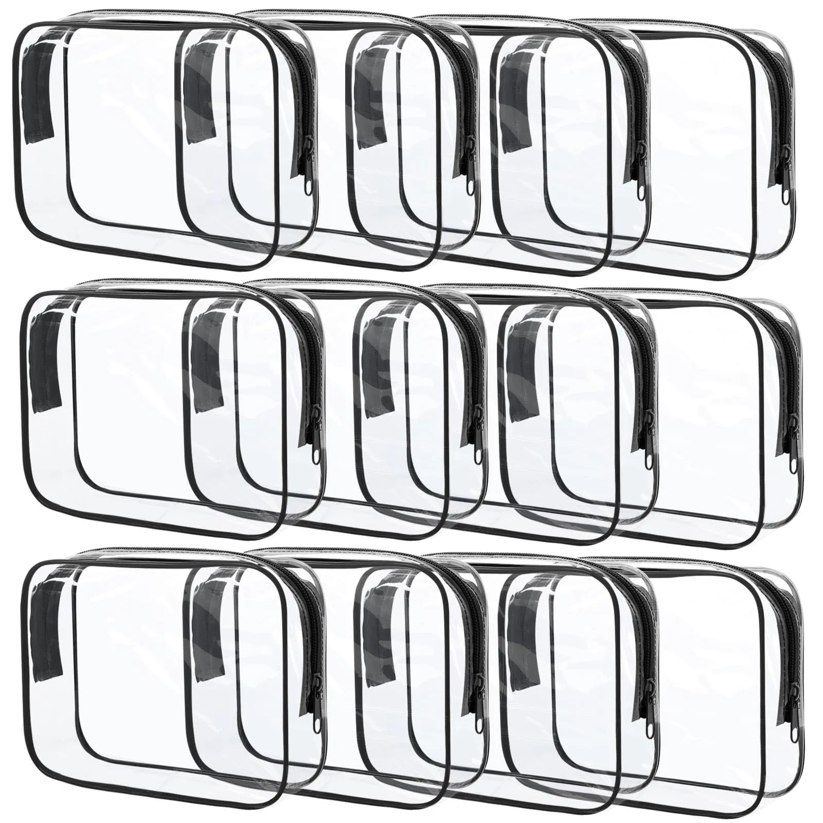 12 Pcs Clear Cosmetic Bag PVC Waterproof Zippered Clear Toiletry Carry Pouch Cosmetic Makeup Bag for Women Men Vinyl Plastic Organizer Case for Vacation Bathroom (Large, Black)